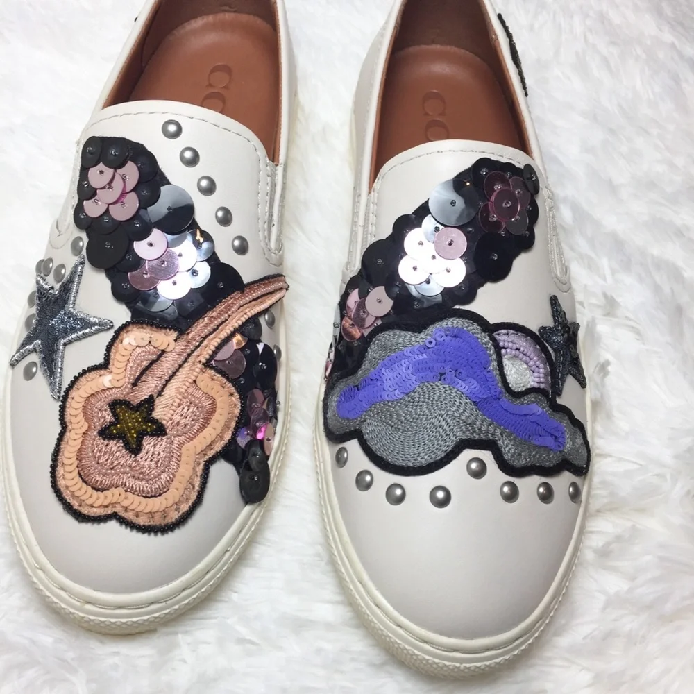 Coach Slip On Sneakers Sequin Embroidery Leather Shoes Unique Nude - Picture 6 of 8